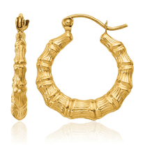 14K Solid Yellow Gold Bamboo Round Medium Hoop Earrings