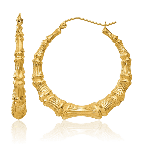 14K Solid Yellow Gold Bamboo Round Medium Hoop Earrings