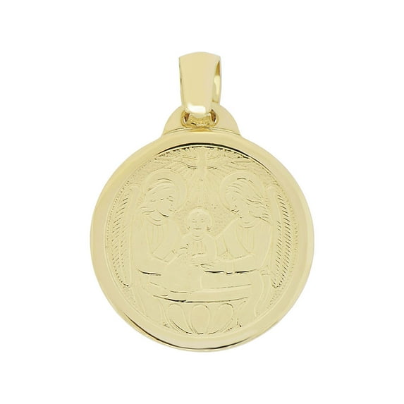 14k Yellow Gold, Baptism Christening Engraved Religious Pendant Medal Round 16mm with 18" Dainty Neck Chain