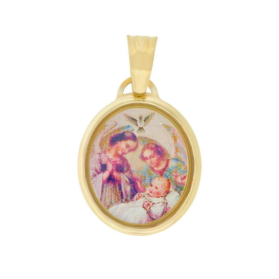 14k Yellow Gold, Baptism Christening Religious Pendant Colorful Enamel Overlay Oval Medal 15mm with 16" Dainty Neck Chain