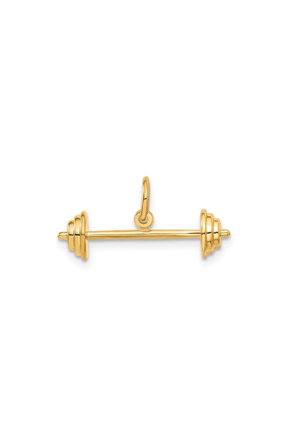 14k Yellow Gold Barbell Pendant Charm for Men and Women, Fitness Jewelry Symbolizing Strength and Health, Unisex Weightlifting Necklace for Athletes and Trainers