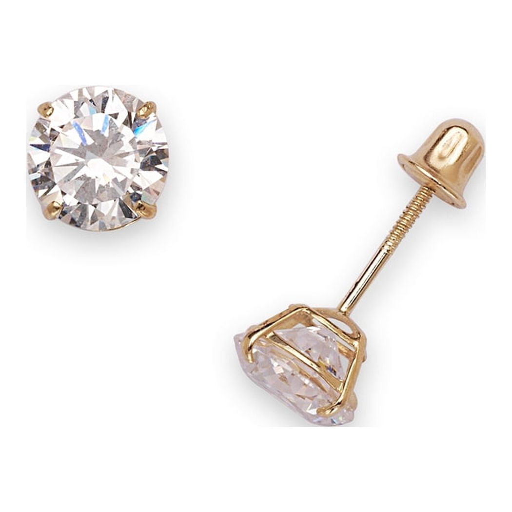 14k Yellow Gold Basket Round CZ Screw Back Earrings For Women Teens Second Hole Cartilage (2mm-7mm) Body Piercing Screw