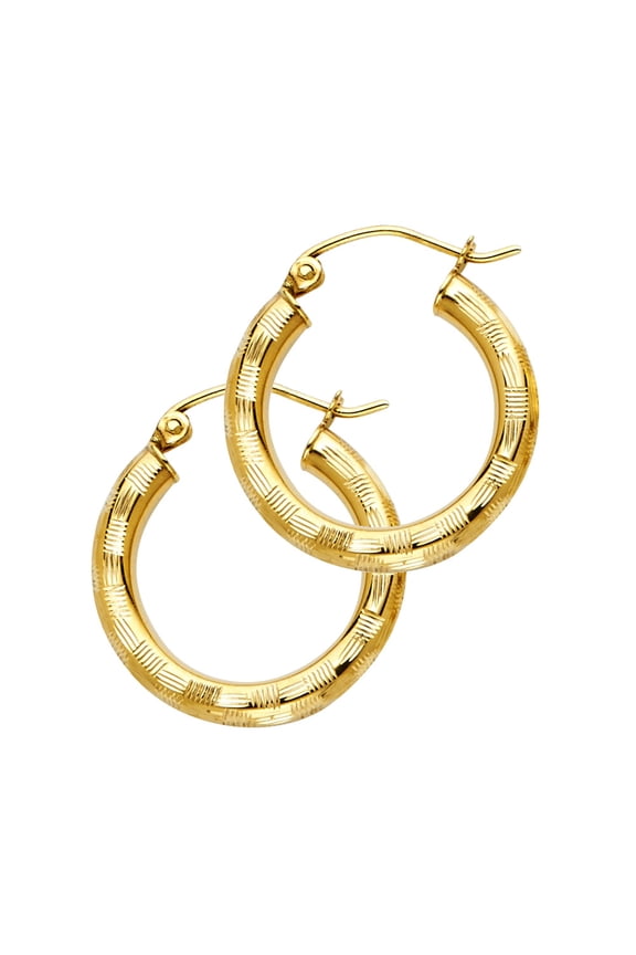 14k Yellow Gold Basket Weave Hoop Cross Hatch Pattern Circle Round Earrings Jewelry Female Unisex