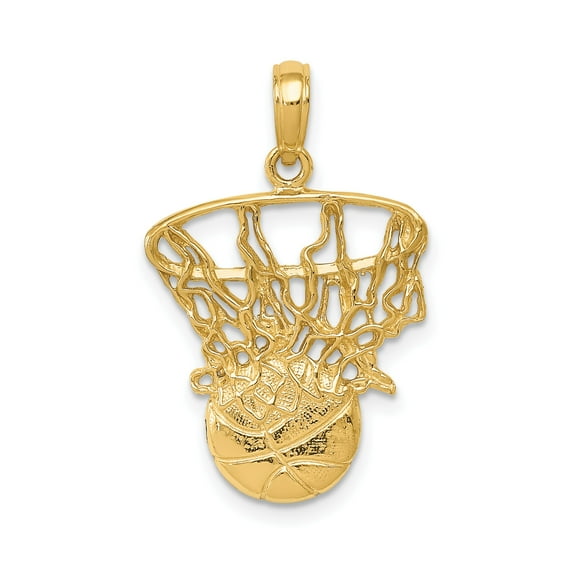 14k Yellow Gold Basketball Hoop Pendant with Net and Ball Design for Men and Sports Fans, Athletic Jewelry Symbolizing Teamwork, Passion, and Achievement