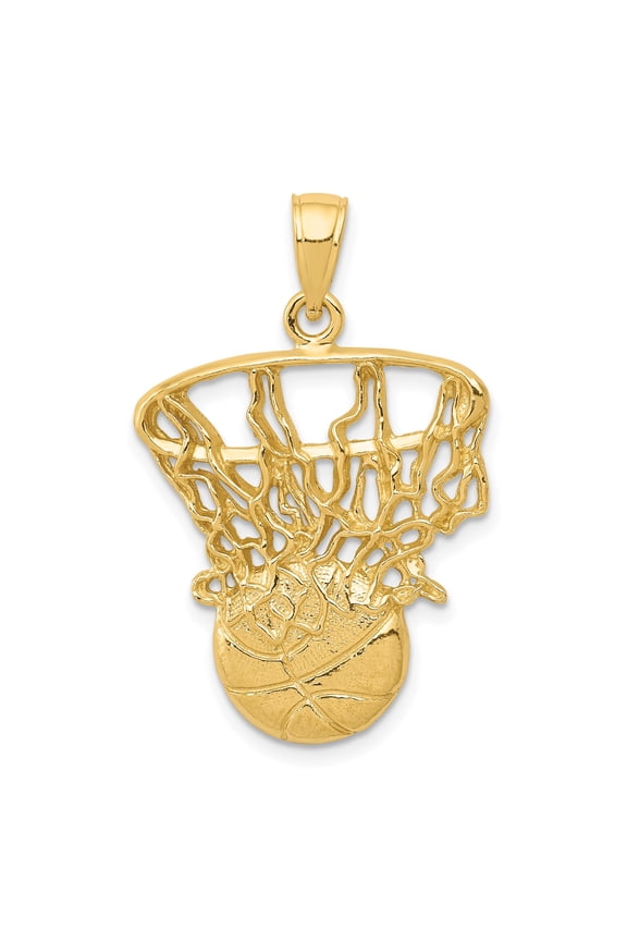 14k Yellow Gold Basketball Pendant with Hoop and Net Design, Unisex Sports Necklace for Men and Women, Symbol of Teamwork, Passion, Dedication, and Athletic Style