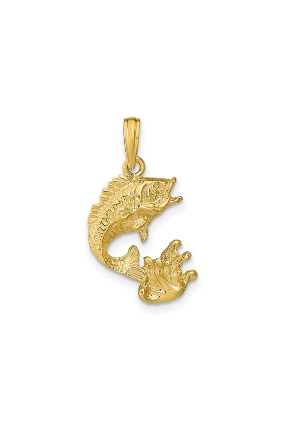 14k Yellow Gold Bass Fish Pendant with Lure Detail for Men and Women, Fishing Jewelry Symbolizing Strength and Adventure, Outdoor Style Charm for Anglers and Nature Enthusiasts