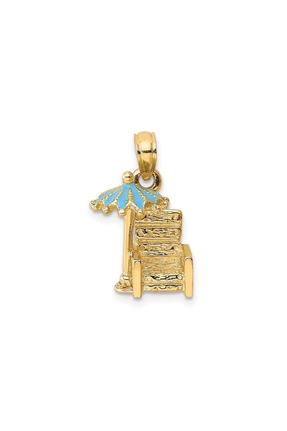 14k Yellow Gold Beach Chair and Umbrella Pendant with Blue Enamel, Tropical Ocean Theme Charm for Women or Unisex, Summer Coastal Jewelry, Relaxation Symbol, Fine Vacation Style Accessory