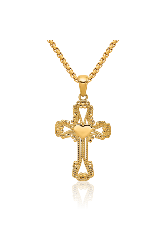 14K Solid Yellow Gold Beaded Latin Mexican Holy Cross Heart Necklace Religious Chain Pendant Jesus Christ Charm