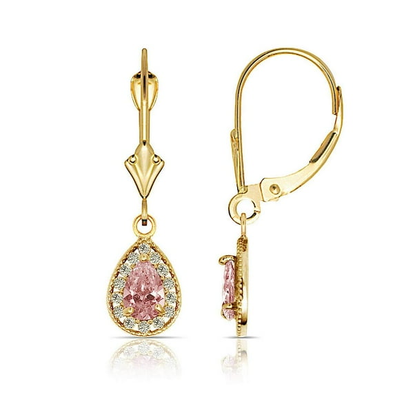 14k Yellow Gold Beaded Pear CZ Halo Dangle Leverback Earrings (6mm X 24mm) (january)-Dangle Earring for Women