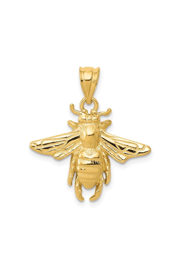 14k Yellow Gold Honeybee Pendant Charm, Polished Bee Insect Jewelry, Unisex