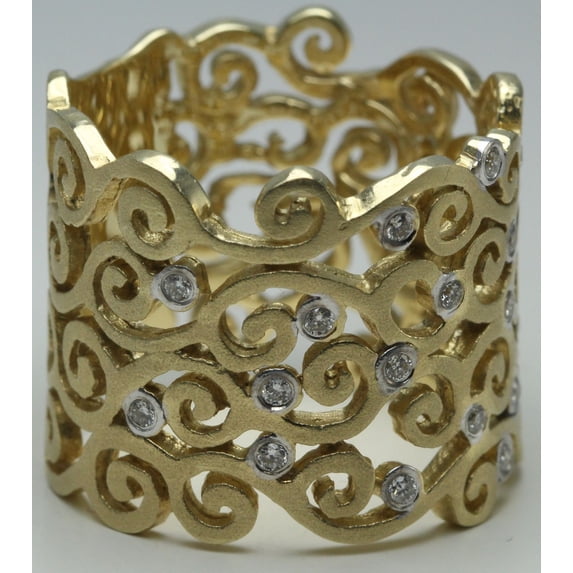 14k Yellow Gold Bezel scroll design artisan ring with diamond polished bezel set motifs(0.22ct, H, SI2-SI3)
