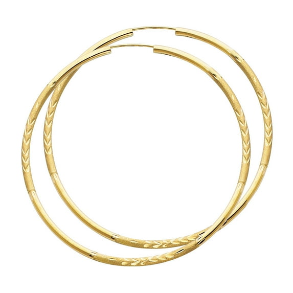 14k Yellow Gold Big Round Endless Hoop Earrings Diamond Cut Satin & Polished Finish Solid 60mm x 2mm