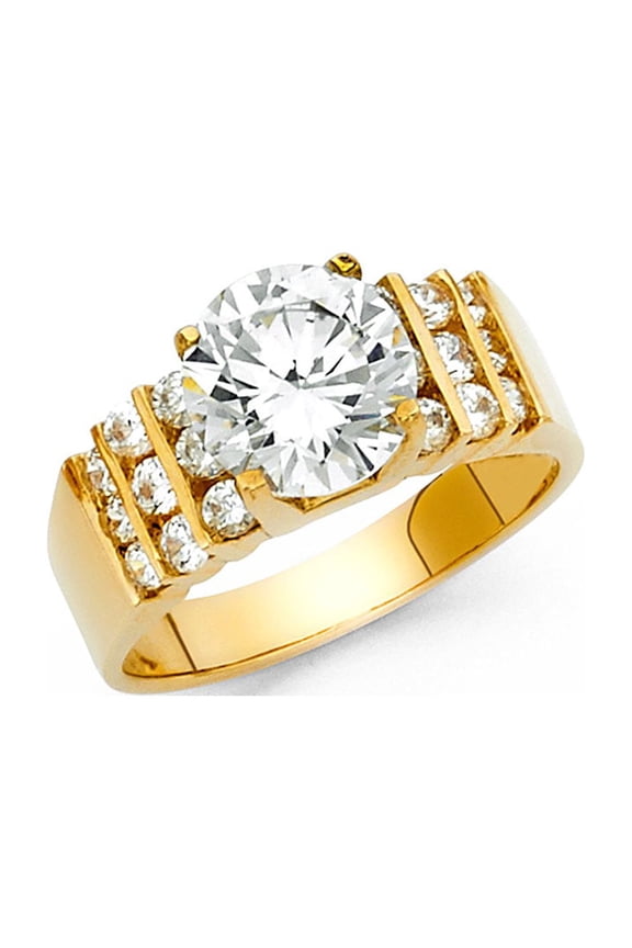 14k Yellow Gold Big Solitaire CZ Engagement Ring Anniversary Round CZ Wide Band Side Stones New Size 8