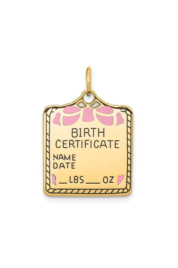 14k Yellow Gold Birth Certificate Pendant for Women with Pink Enamel Bow and Heart, Custom Newborn Keepsake Necklace, Name Date Weight, Motherhood Symbolic Jewelry
