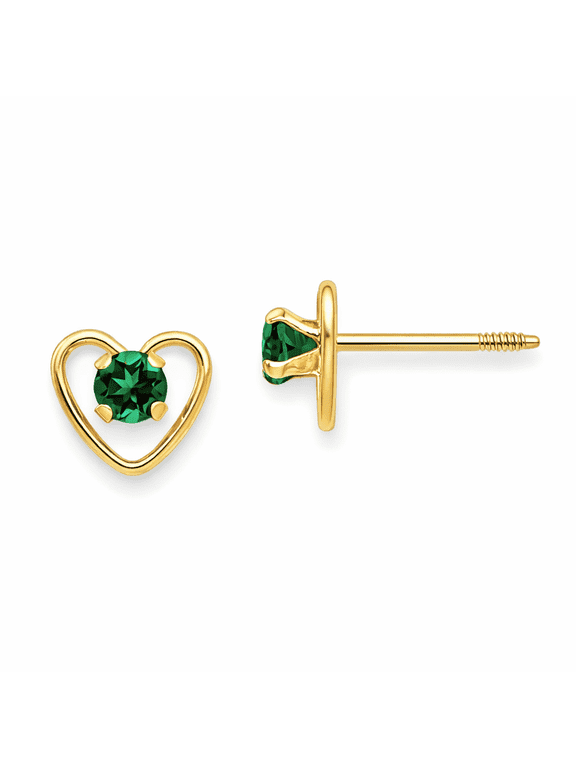 Emerald Heart Stud Earrings for Women 14K Yellow Gold Button Style