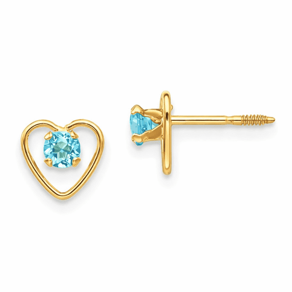 Fine Color Jewels Blue Topaz Heart Stud Earrings for Women 14K Yellow Gold Button Style Design