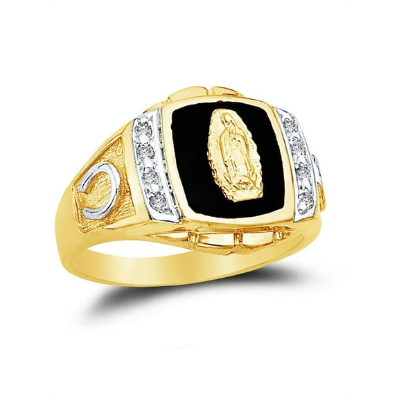 14k Yellow Gold Black Onyx Men's Our Lady of Guadalupe Virgin Mary Horse Shoe Ring , Size 11.5