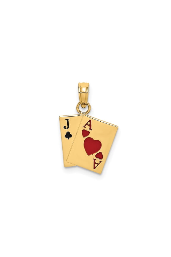 14k Yellow Gold Blackjack Pendant with Ace of Hearts and Jack of Clubs, Casino Poker Charm for Men, Gambling Jewelry for Collectors, Bold Unisex Card Game Accessory