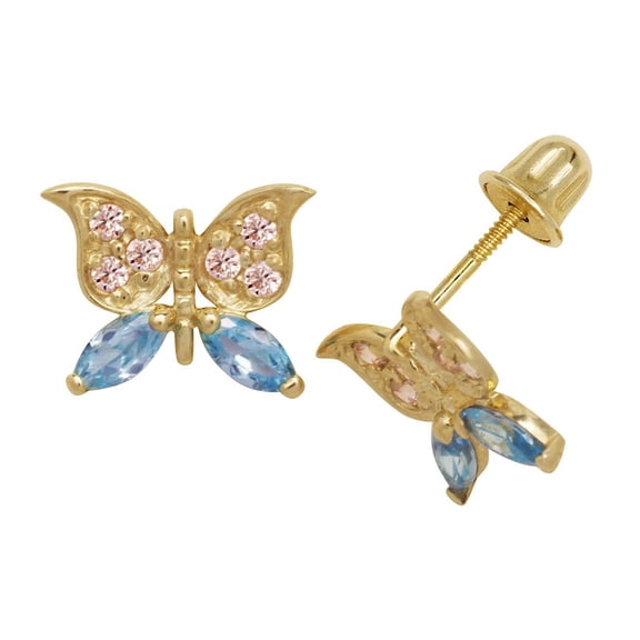 14k Yellow Gold Blue Cubic Zirconia Butterfly Screw-Back Earrings - Measures 7x10mm