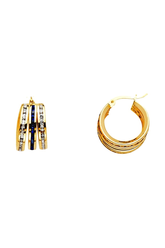 14k Yellow Gold Blue+w Round Cubic Zirconia Channel 3 Rows Hoop Earrings 10x10mm Hoop Earring for Women