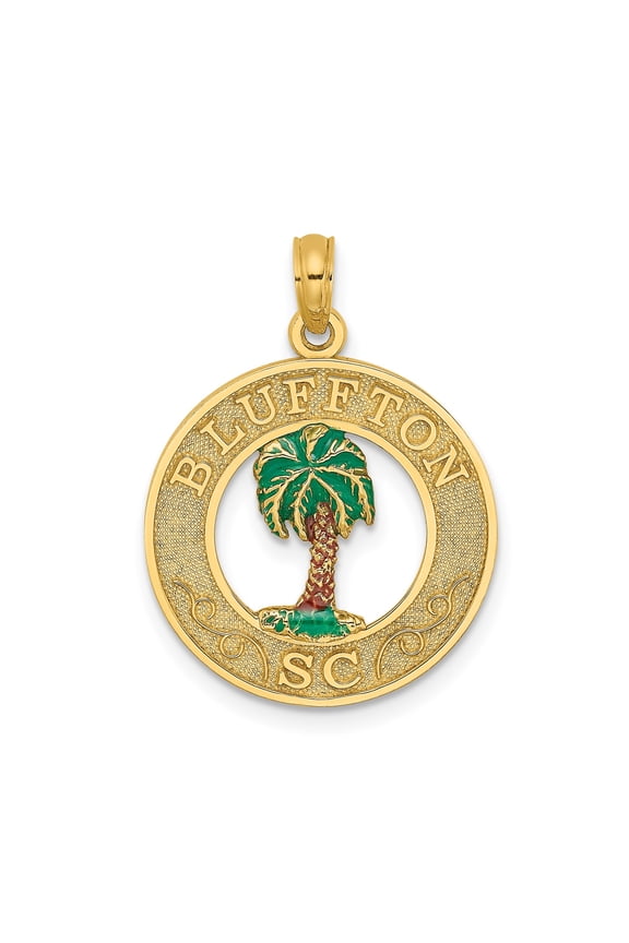 14k Yellow Gold Bluffton SC Pendant with Enameled Palm Tree, Unisex Southern Jewelry Charm for Men and Women, Coastal State Souvenir Travel Accessory