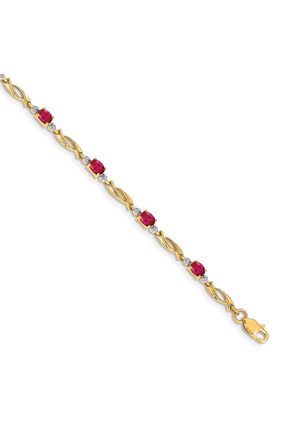 14k Yellow Gold Bracelet Gemstones July Women's Ruby Oval 4 mm 7.25 in Diamond and