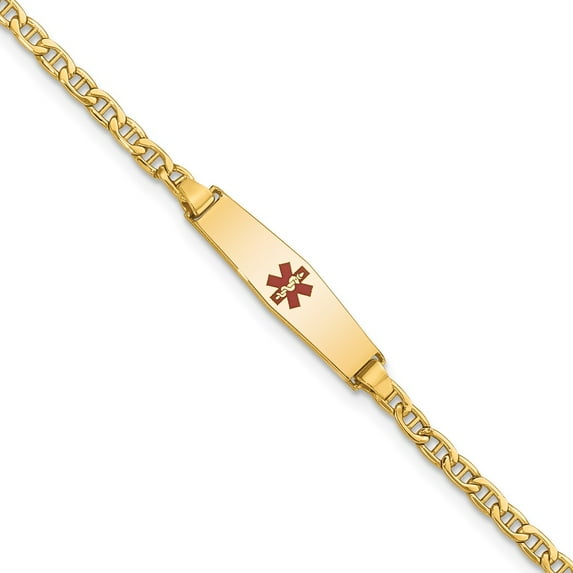 14k Yellow Gold Bracelet Medical Anchor 6 mm 7 in Semi-Solid Soft Diamond Shape Red Enamel ID