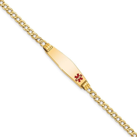 14k Yellow Gold Bracelet Medical Curb 7.5 mm 8 in Semi-Solid Soft Diamond Shape Red Enamel ID Cuban