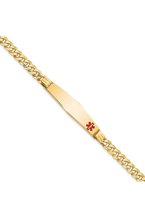 14k Yellow Gold Bracelet Medical Curb 9 mm 8 in Soft Diamond Shape Red Enamel Link ID