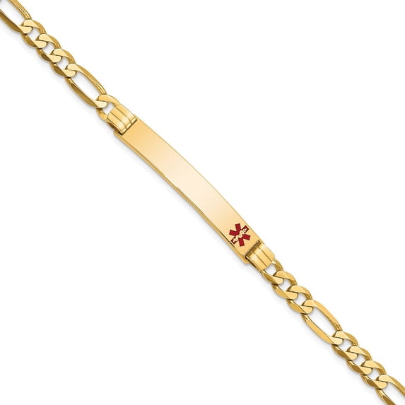 14k Yellow Gold Bracelet Medical Figaro 6.5 mm 7 in Red Enamel Flat Link ID
