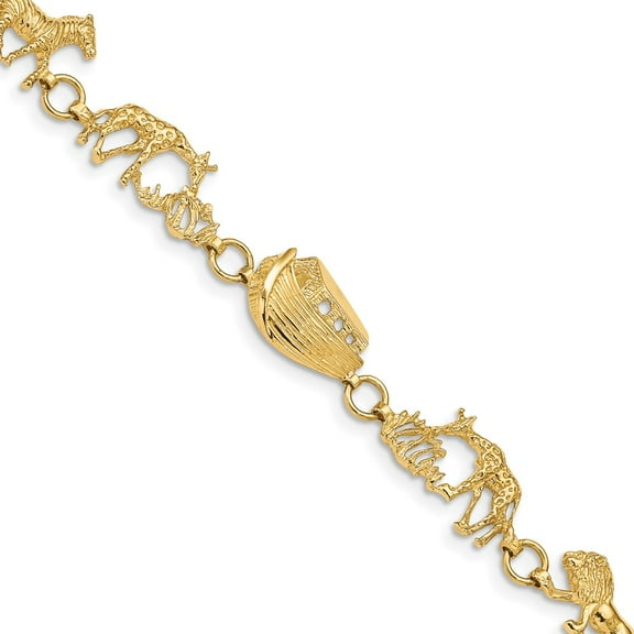 14k Yellow Gold Bracelet with station 9.5 mm 7 in Polished and Textured Noah's Ark