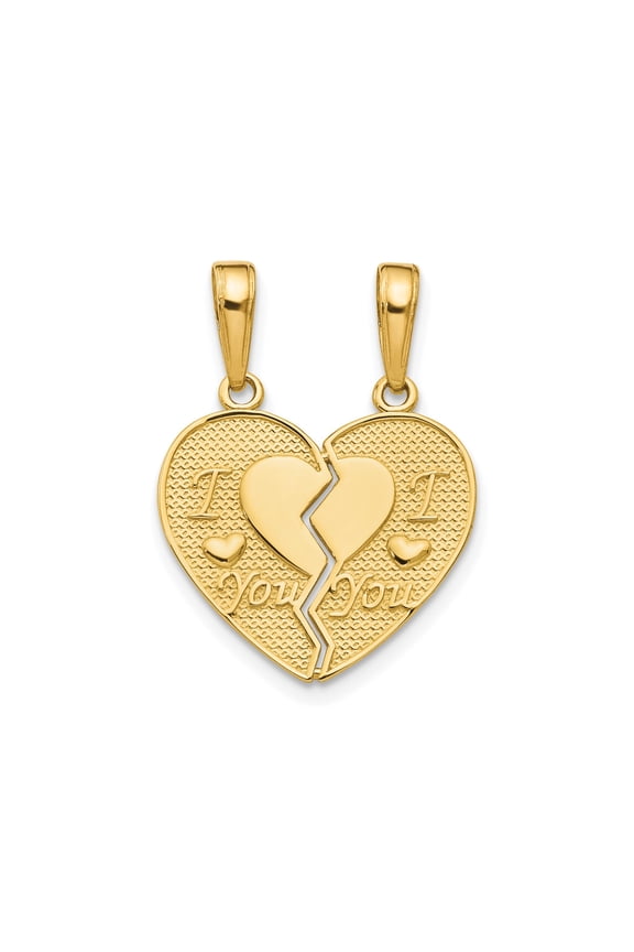 14k Yellow Gold Breakable Heart Pendant Set for Couples with Love Engraving, Romantic Split Necklace for Women or Unisex, Matching Charm Jewelry for Anniversary or Valentine