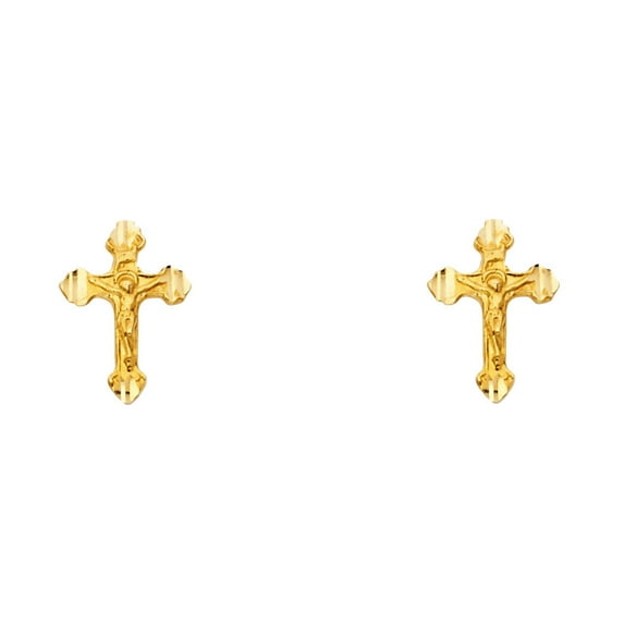 14k Yellow Gold Budded Cross Stud Earrings Diamond Cut Style Polished Finish Fancy 11 x 8 mm