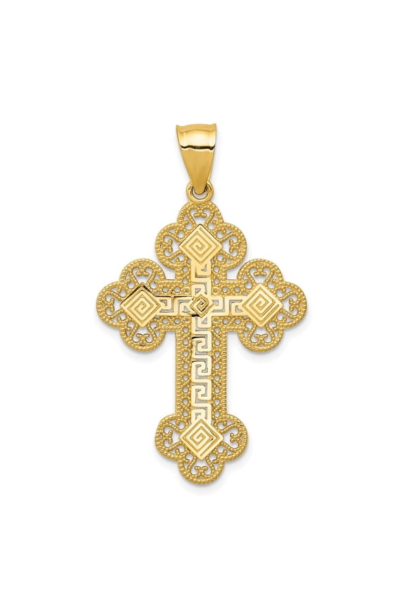 14k Yellow Gold Budded Greek Key Cross Pendant Fine Jewelry For Women Gifts For Her