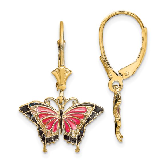 14k Yellow Gold Butterfly Dangle Earrings for Women with Pink and Black Enamel Charms, Leverback Drop Design, Nature Inspired Symbolic Jewelry for Spring, Summer, Everyday Wear