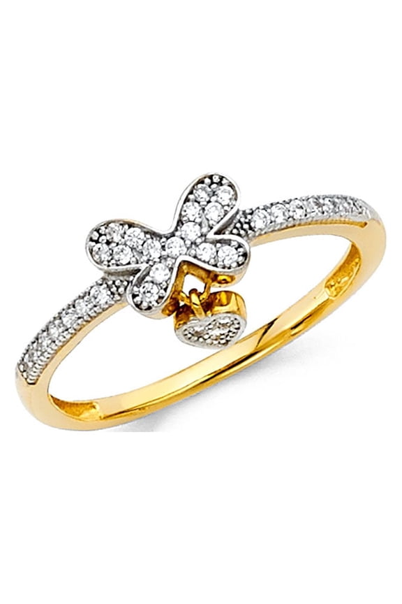 14k Yellow Gold Butterfly Heart Charm Ring Love Band CZ Promise Ring Dangle Style Fancy Size 8