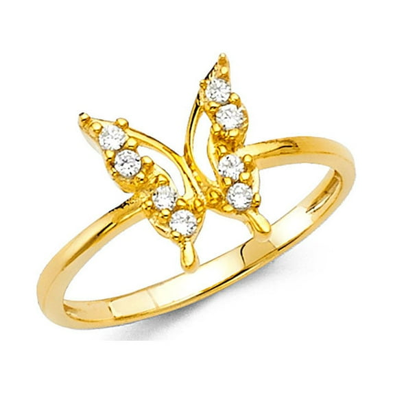 14k Yellow Gold CZ Butterfly Ring Right Hand Band Style Open Design Diamond Cut Fancy Size 7.5