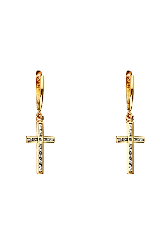 14k Yellow Gold Cubic Zirconia Channel Set Religious Faith Cross Long Drop Dangle Earrings 10x33mm Dangle Earring for Wo
