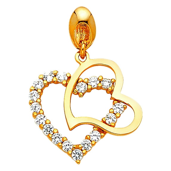 14k Yellow Gold Cubic Zirconia Double Love Heart Pendant Necklace 14x14mm Pendant for Women