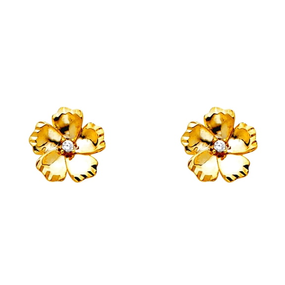 14k Yellow Gold Cubic Zirconia Flower Post Earrings 9x9mm Stud Earring for Women - 1.1 Grams