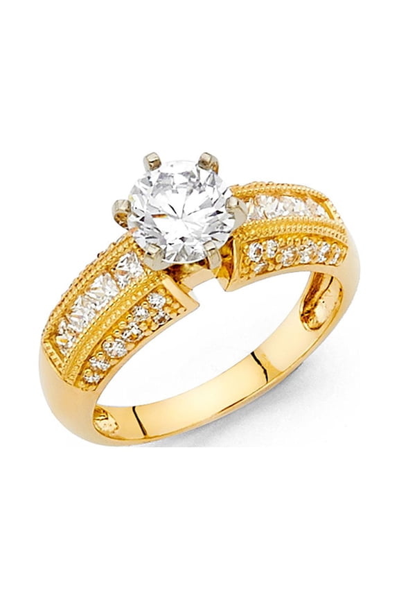 14k Yellow Gold CZ Engagement Ring Anniversary Designer Style CZ Band Princess Side Stones Size 8
