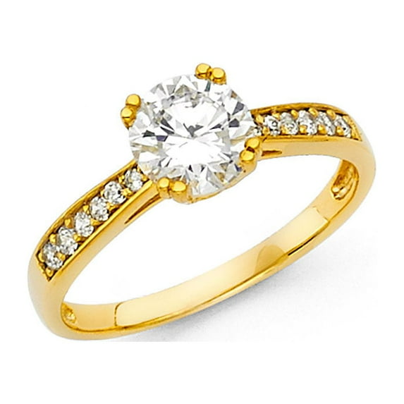14k Yellow Gold CZ Engagement Solitaire Ring Anniversary CZ Round Band Bridal Ring Side Stones Size 6