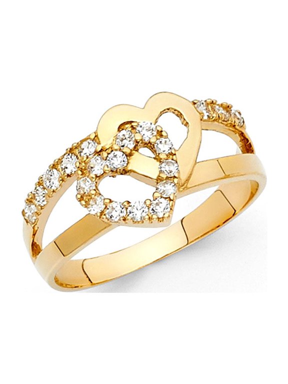14k Yellow Gold CZ Heart Band Promise Ring Two Hearts Together Love Band Polished Fancy Size 6.5