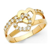 14k Yellow Gold CZ Heart Band Promise Ring Two Hearts Together Love Band Polished Fancy Size 7