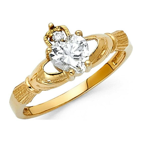 14k Yellow Gold CZ Heart Claddagh Ring Celtic Band Love Loyalty Friendship Polished Fancy Size 6.5