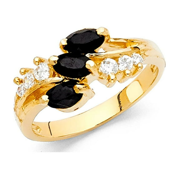 14k Yellow Gold CZ Marquise Cocktail Ring Black CZ Leaf Band Style Polished Finish Fancy Size 5.5