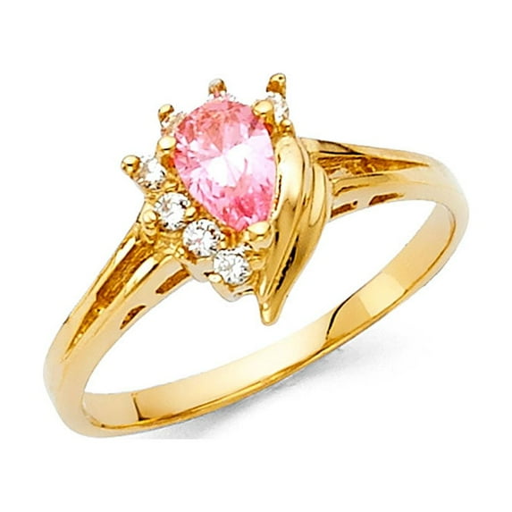 14k Yellow Gold CZ Pear Fashion Ring Halo Pink CZ Band Teardrop Cocktail Ring Style Fancy Size 9
