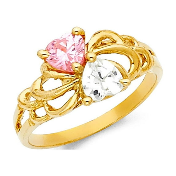14k Yellow Gold CZ Pink Heart Ring Love Band Two Hearts Together Stylish Polished Fancy Size 8.5