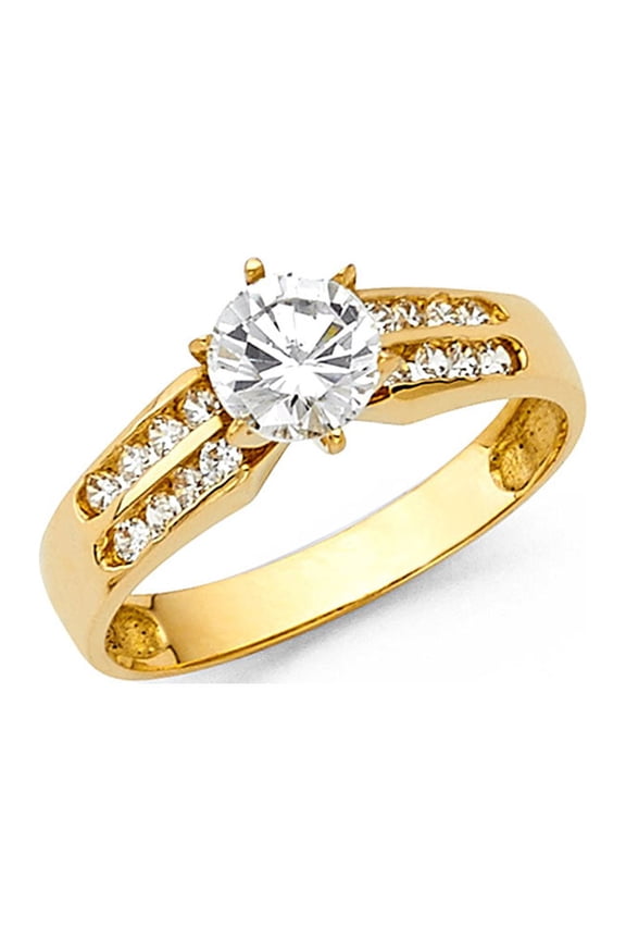 14k Yellow Gold CZ Round Engagement Ring Anniversary Solitaire CZ Ring Bridal Band Side Stones, Size 5.5
