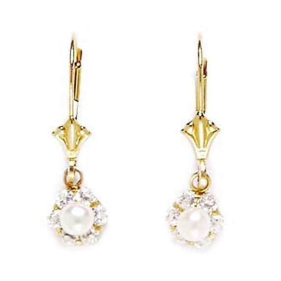 14k Yellow Gold CZ Small Flower Drop Leverback Freshwater Cultured Pearl Earrings - Measures 22x7mm